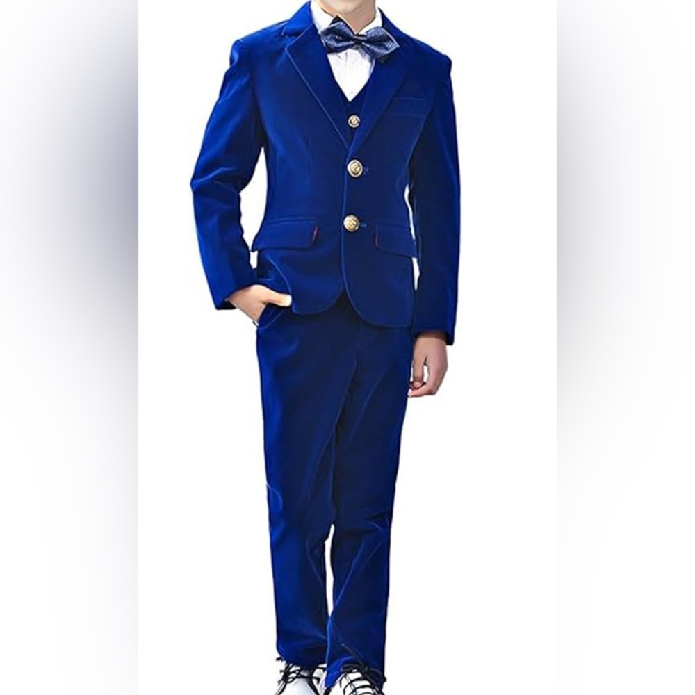 5-Piece Formal Boy Velvet Suit includes Jacket, Pant, Vest, Shirt and Bow Tie